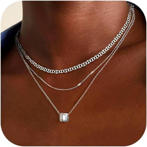 Layered Necklaces for Women - 14K Gold Plated Necklace, Dainty 3Pcs Layered Stacked Necklace, Circle Chain Necklaces, Non Tarnish Waterproof Jewelry, Birthday Jewelry Gifts in Kuwait