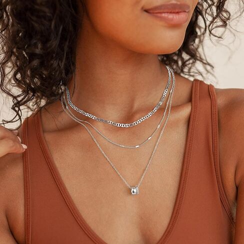 Layered Necklaces for Women - 14K Gold Plated Necklace, Dainty 3Pcs Layered Stacked Necklace, Circle Chain Necklaces, Non Tarnish Waterproof Jewelry, Birthday Jewelry Gifts in Kuwait