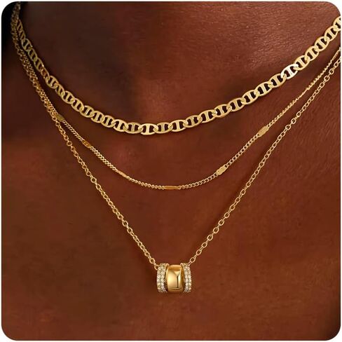 Layered Necklaces for Women - 14K Gold Plated Necklace, Dainty 3Pcs Layered Stacked Necklace, Circle Chain Necklaces, Non Tarnish Waterproof Jewelry, Birthday Jewelry Gifts in Kuwait