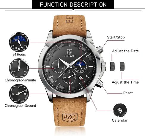 BY BENYAR Mens Watches Analog Quartz Chronograph Waterproof Wrist Watches for Men Fashion Business Work Casual Sport Designer Dress Watch with Calendar Elegant Gifts for Men in Kuwait
