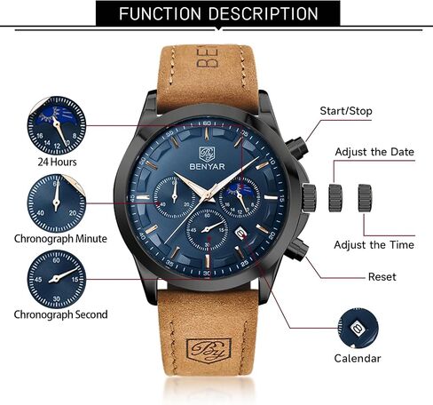 BY BENYAR Mens Watches Analog Quartz Chronograph Waterproof Wrist Watches for Men Fashion Business Work Casual Sport Designer Dress Watch with Calendar Elegant Gifts for Men in Kuwait
