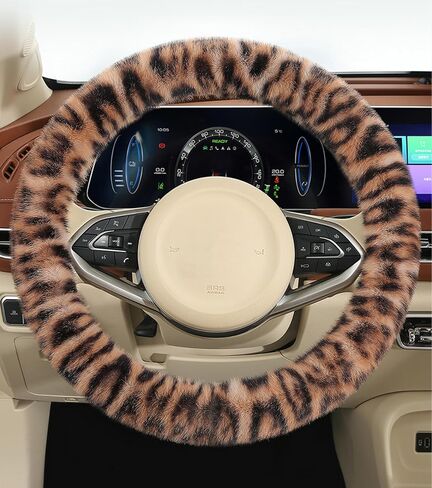 Fluffy Cheetah Car Steering Wheel Cover Luxurious Faux Fur Leopard Print Cute Wheel Protector Universal 15 Inch Fit for Vehicle, Car, Auto, SUV Winter Warm (Coffee) in Saudi Arabia