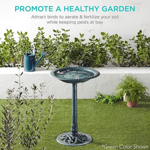 Best Choice Products 28in Pedestal Bird Bath, Vintage Outdoor Resin Accent Decoration w/Fleur-de-Lis Accents - Green in Kuwait