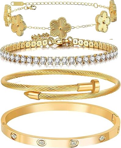 Lamdo 18K Gold Plated Womens Stackable Floral Gold Clover Bracelets Set Love Bangle Bracelets Non Tarnish, Gold Bracelet Set Trendy Jewelry,Gifts for Women's Day and Mother's Day in Kuwait