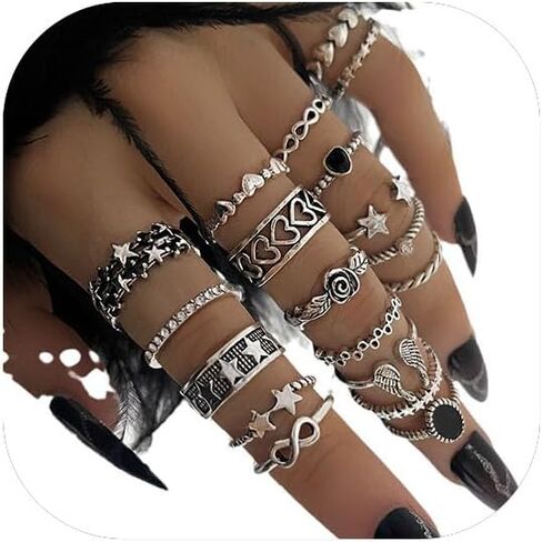 Gothic Knuckle Rings Set for Women, Black Silver Stackable Rings, Vintage Snake Joint Finger Stacking, Boho Y2K Punk Goth Grunge Aesthetic Style Jewelry Accessories in Kuwait