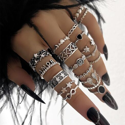 Gothic Knuckle Rings Set for Women, Black Silver Stackable Rings, Vintage Snake Joint Finger Stacking, Boho Y2K Punk Goth Grunge Aesthetic Style Jewelry Accessories in Kuwait