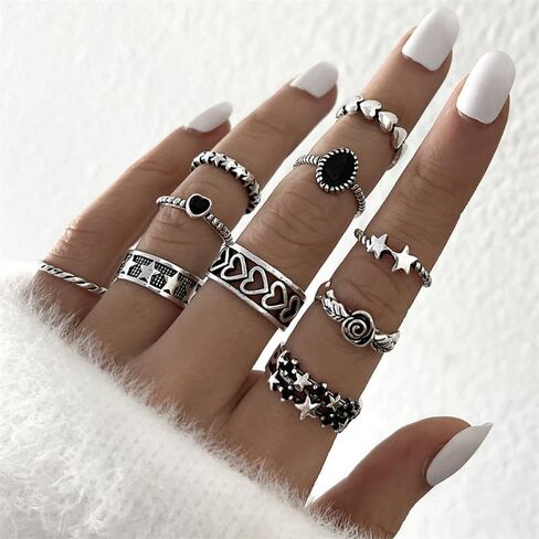 Gothic Knuckle Rings Set for Women, Black Silver Stackable Rings, Vintage Snake Joint Finger Stacking, Boho Y2K Punk Goth Grunge Aesthetic Style Jewelry Accessories in Kuwait