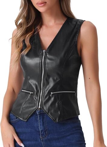 Allegra K Women's Faux Leather Waistcoat V Neck Sleeveless Zipper Motorcycle Biker Vintage Vest Jacket in Kuwait