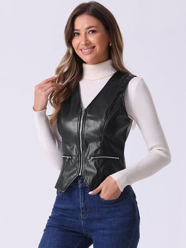 Allegra K Women's Faux Leather Waistcoat V Neck Sleeveless Zipper Motorcycle Biker Vintage Vest Jacket in Kuwait
