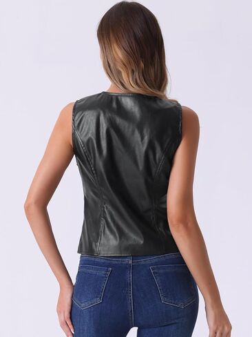 Allegra K Women's Faux Leather Waistcoat V Neck Sleeveless Zipper Motorcycle Biker Vintage Vest Jacket in Kuwait