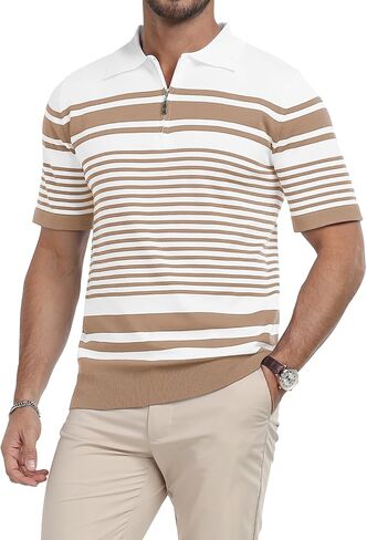 KUYIGO Men's Knit Collared Polo Shirts Short Sleeve Zipper Striped Tops Classic Fit Casual Soft T-Shirt in Saudi Arabia
