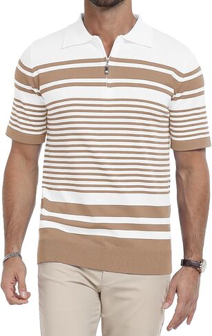 KUYIGO Men's Knit Collared Polo Shirts Short Sleeve Zipper Striped Tops Classic Fit Casual Soft T-Shirt in Saudi Arabia