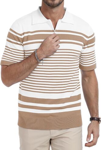 KUYIGO Men's Knit Collared Polo Shirts Short Sleeve Zipper Striped Tops Classic Fit Casual Soft T-Shirt in Saudi Arabia