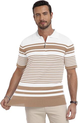 KUYIGO Men's Knit Collared Polo Shirts Short Sleeve Zipper Striped Tops Classic Fit Casual Soft T-Shirt in Saudi Arabia