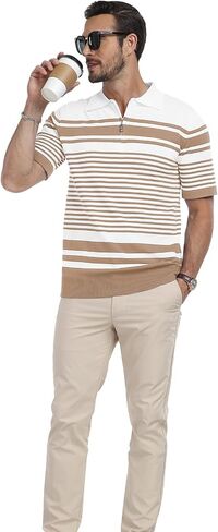 KUYIGO Men's Knit Collared Polo Shirts Short Sleeve Zipper Striped Tops Classic Fit Casual Soft T-Shirt in Saudi Arabia