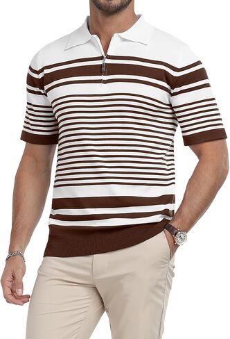 KUYIGO Men's Knit Collared Polo Shirts Short Sleeve Zipper Striped Tops Classic Fit Casual Soft T-Shirt in Saudi Arabia