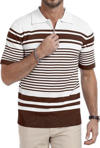 KUYIGO Men's Knit Collared Polo Shirts Short Sleeve Zipper Striped Tops Classic Fit Casual Soft T-Shirt in Saudi Arabia
