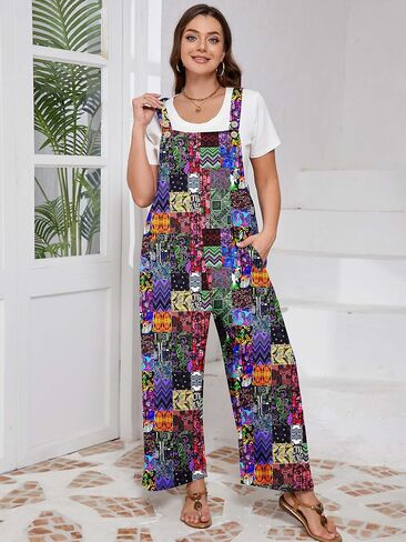 Aulooks Plus Size Women's Adjustable Straps Jumpsuits Casual Loose Wide Leg Overalls with Pockets in Saudi Arabia