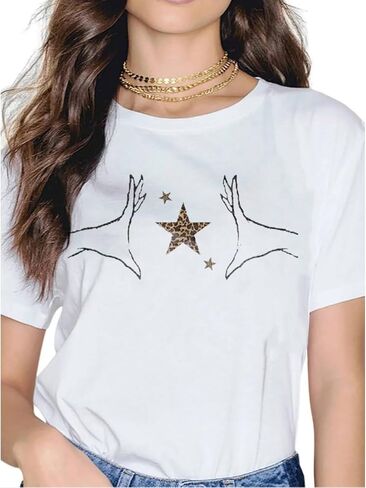 Star Leopard Cheetah Graphic Print Tees Short Sleeve Crewneck Tops Baggy Trendy Casual Oversized Cozy Shirts in Saudi Arabia