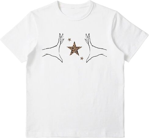 Star Leopard Cheetah Graphic Print Tees Short Sleeve Crewneck Tops Baggy Trendy Casual Oversized Cozy Shirts in Saudi Arabia