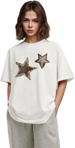 Star Leopard Cheetah Graphic Print Tees Short Sleeve Crewneck Tops Baggy Trendy Casual Oversized Cozy Shirts in Saudi Arabia