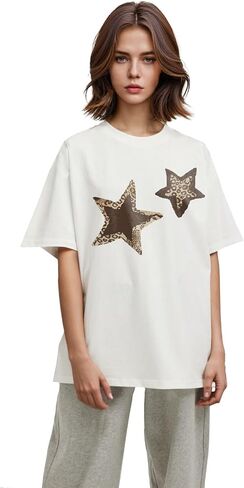 Star Leopard Cheetah Graphic Print Tees Short Sleeve Crewneck Tops Baggy Trendy Casual Oversized Cozy Shirts in Saudi Arabia