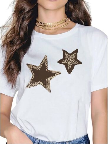 Star Leopard Cheetah Graphic Print Tees Short Sleeve Crewneck Tops Baggy Trendy Casual Oversized Cozy Shirts in Saudi Arabia