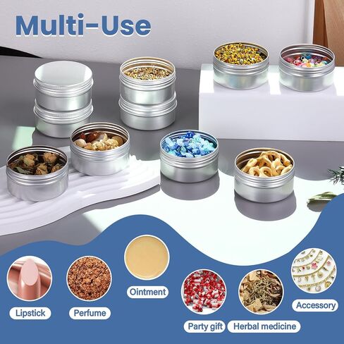 3oz علب الصفيح المصنوعة من الألومنيوم يمكن 10 حوض ، 3 أوقية القصدير مع أغطية قابلة لإعادة ملء الحاويات مع سطح المسمار وملصقات للمصباح والشمعة أو التوابل أو المسكنات (الفضة) in Saudi Arabia