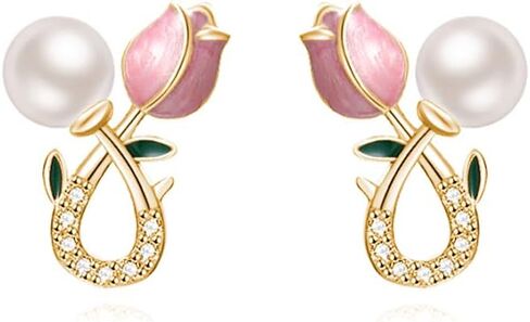 Reffeer Solid 925 Sterling Silver Pink Flower Stud Earrings for Women Teens Spring Flower Stud Earrings Pearls in Saudi Arabia