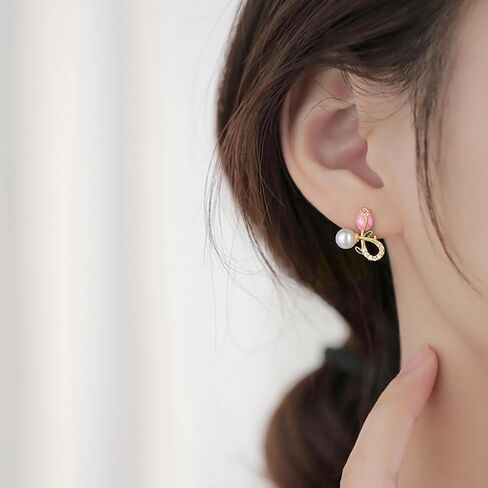 Reffeer Solid 925 Sterling Silver Pink Flower Stud Earrings for Women Teens Spring Flower Stud Earrings Pearls in Saudi Arabia