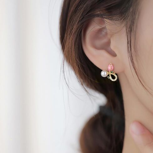Reffeer Solid 925 Sterling Silver Pink Flower Stud Earrings for Women Teens Spring Flower Stud Earrings Pearls in Saudi Arabia