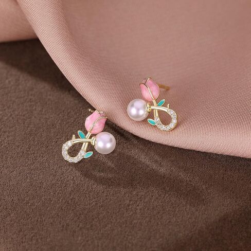 Reffeer Solid 925 Sterling Silver Pink Flower Stud Earrings for Women Teens Spring Flower Stud Earrings Pearls in Saudi Arabia