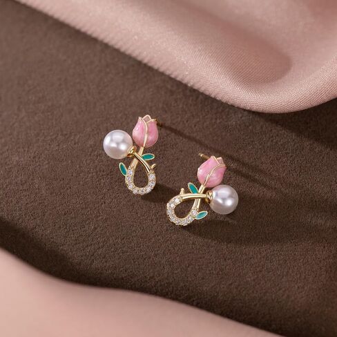 Reffeer Solid 925 Sterling Silver Pink Flower Stud Earrings for Women Teens Spring Flower Stud Earrings Pearls in Saudi Arabia