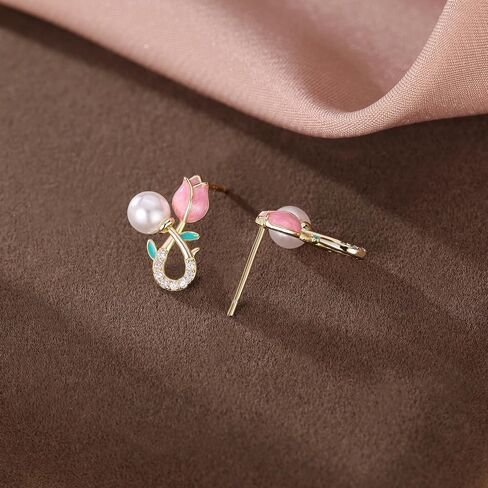 Reffeer Solid 925 Sterling Silver Pink Flower Stud Earrings for Women Teens Spring Flower Stud Earrings Pearls in Saudi Arabia