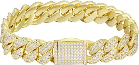 KRKC&CO 12mm/18mm Cuban Link Bracelet, 14k Gold Iced Out Bracelet for Men, Prong-Setting 5A CZ Stones, Durable Street-wear Hip Hop Jewelry, Cuban Link Curb Chain 7 8 9 7.5 8.5 Inches in Saudi Arabia