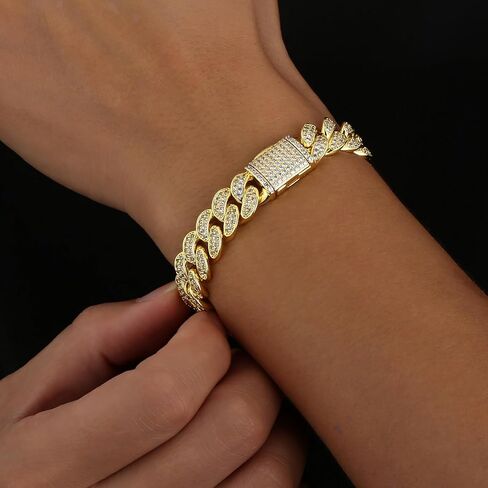 KRKC&CO 12mm/18mm Cuban Link Bracelet, 14k Gold Iced Out Bracelet for Men, Prong-Setting 5A CZ Stones, Durable Street-wear Hip Hop Jewelry, Cuban Link Curb Chain 7 8 9 7.5 8.5 Inches in Saudi Arabia