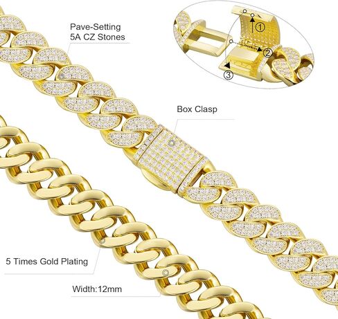 KRKC&CO 12mm/18mm Cuban Link Bracelet, 14k Gold Iced Out Bracelet for Men, Prong-Setting 5A CZ Stones, Durable Street-wear Hip Hop Jewelry, Cuban Link Curb Chain 7 8 9 7.5 8.5 Inches in Saudi Arabia