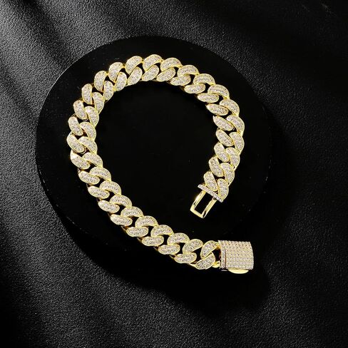 KRKC&CO 12mm/18mm Cuban Link Bracelet, 14k Gold Iced Out Bracelet for Men, Prong-Setting 5A CZ Stones, Durable Street-wear Hip Hop Jewelry, Cuban Link Curb Chain 7 8 9 7.5 8.5 Inches in Saudi Arabia