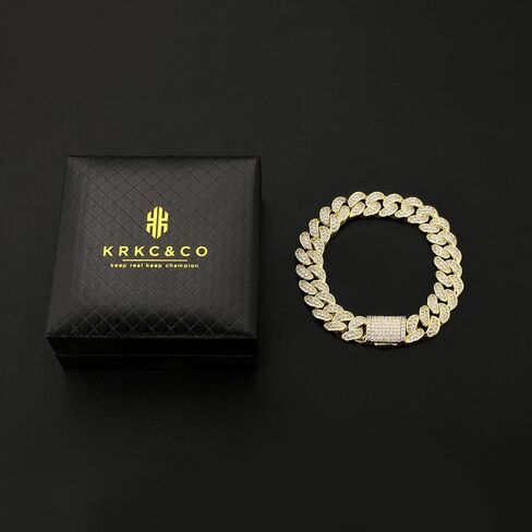 KRKC&CO 12mm/18mm Cuban Link Bracelet, 14k Gold Iced Out Bracelet for Men, Prong-Setting 5A CZ Stones, Durable Street-wear Hip Hop Jewelry, Cuban Link Curb Chain 7 8 9 7.5 8.5 Inches in Saudi Arabia