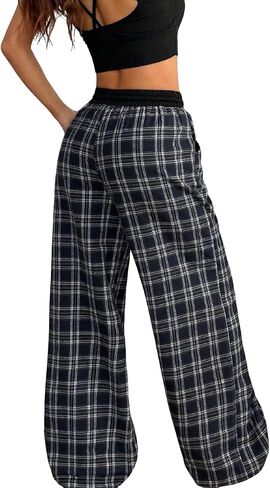Women's Gingham Pants Plaid Casual Y2k Checkered Waist Wide Leg Baggy Pants Long Trousers with Pockets in Saudi Arabia
