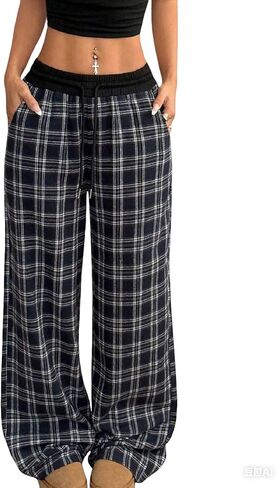 Women's Gingham Pants Plaid Casual Y2k Checkered Waist Wide Leg Baggy Pants Long Trousers with Pockets in Saudi Arabia