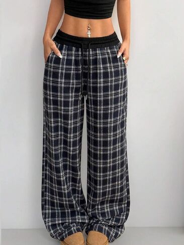 Women's Gingham Pants Plaid Casual Y2k Checkered Waist Wide Leg Baggy Pants Long Trousers with Pockets in Saudi Arabia