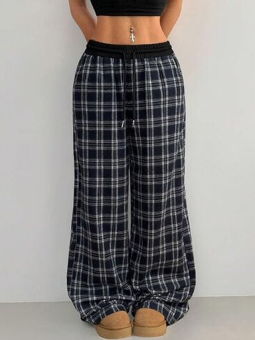 Women's Gingham Pants Plaid Casual Y2k Checkered Waist Wide Leg Baggy Pants Long Trousers with Pockets in Saudi Arabia