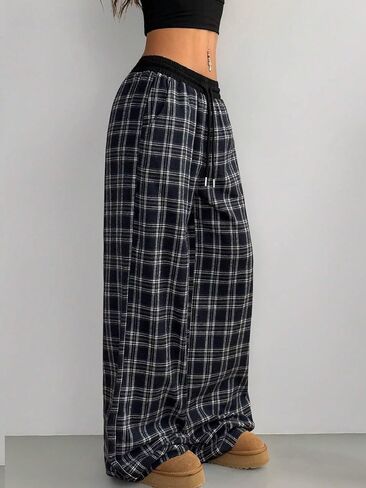Women's Gingham Pants Plaid Casual Y2k Checkered Waist Wide Leg Baggy Pants Long Trousers with Pockets in Saudi Arabia