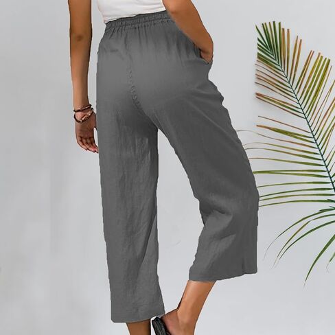 سروال كابري للنساء 2025 صيف الرباط المرن عالي الخصر غير الرسمي كابريس مستقيم على عريض الساق من الكتان in Kuwait