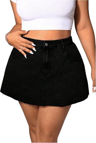 Floerns Women's Plus Size Mini DeniM تنانير عالية الخصر تخطي تنانير جينز خط in Kuwait