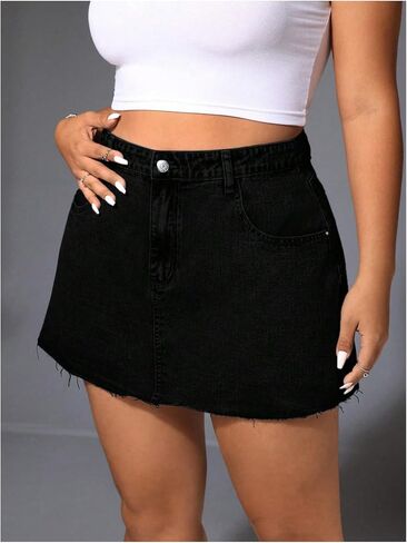 Floerns Women's Plus Size Mini DeniM تنانير عالية الخصر تخطي تنانير جينز خط in Kuwait
