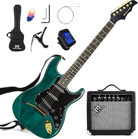 MUSTAR Electric Guitar Kit with 25W Amplifier, 39 Inch Full Size Solid Wood Electric Guitar Beginner Kits, Gig Bag, Digital Tuner, Capo, Strap, Cable, Picks, Birthday Holiday Gifts (Green, MEG-100) in Saudi Arabia
