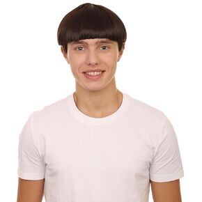 HPO Adult Men's 9" Inch Short Length Halloween Classic Moe Retro Bowl Cut Costume Multiple Color Wig, Synthetic Soft Fiber Hair, Perfect for your next Festival and Group Anime Party! (Brown)