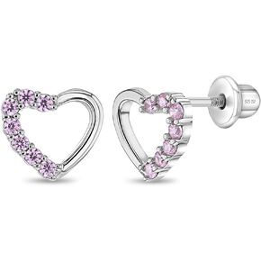 925 Sterling Silver Pink Cubic Zirconia Open Heart Screw Back Earrings for Toddlers & Young Girls - Stylish Pink CZ Earrings - Crystal Encrusted Open Heart Stud Earrings
